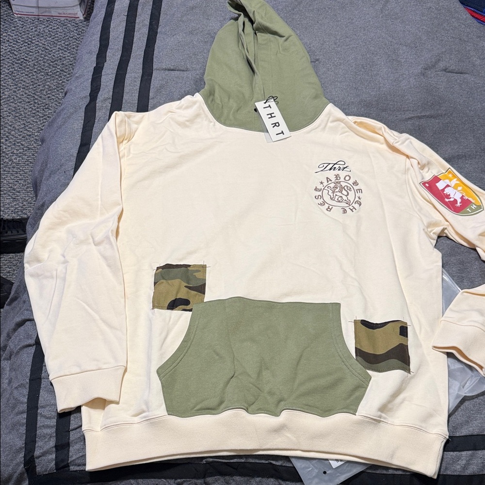 Men's Cream and Green Hoodie Sweater